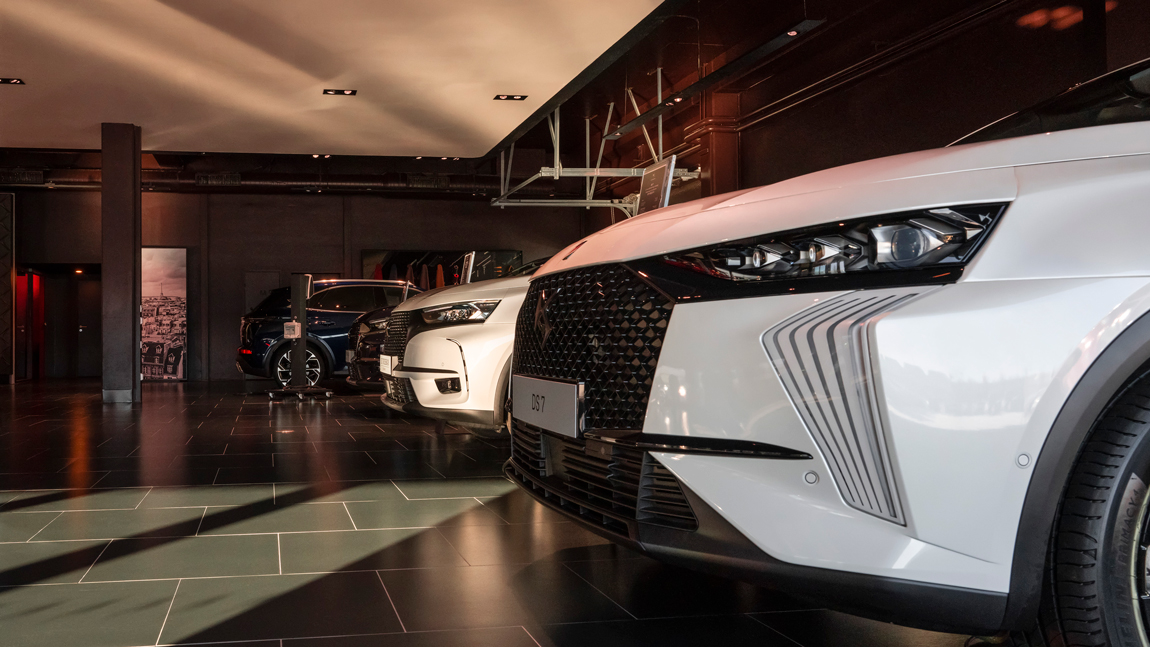 Close up of DS Automobile car front bumper in showroom